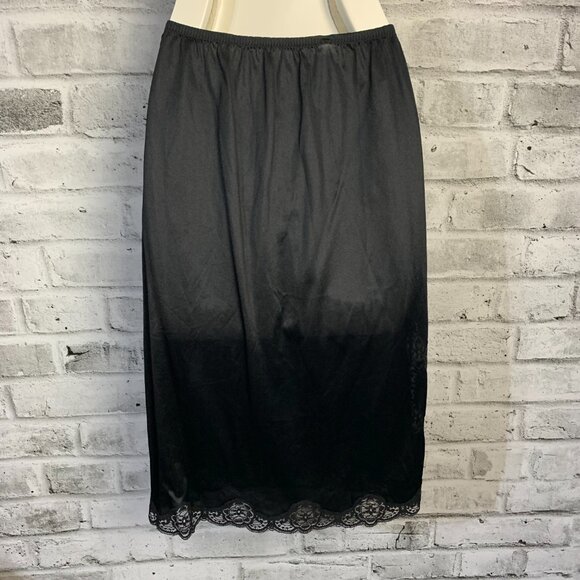 Vintage 90s Y2K French Maid Black Silky Satin Lace Boho Chic Half Slip Skirt - Picture 5 of 14